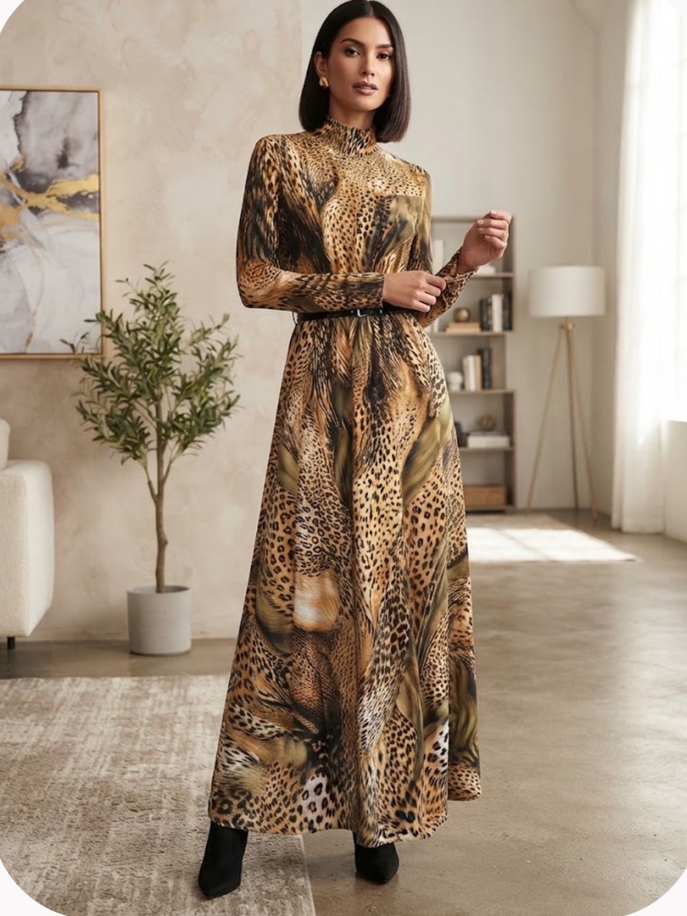 NWT leopard Print Mock Neck Long Sleeve Flowy Maxi Boho Chic Statement Gown S